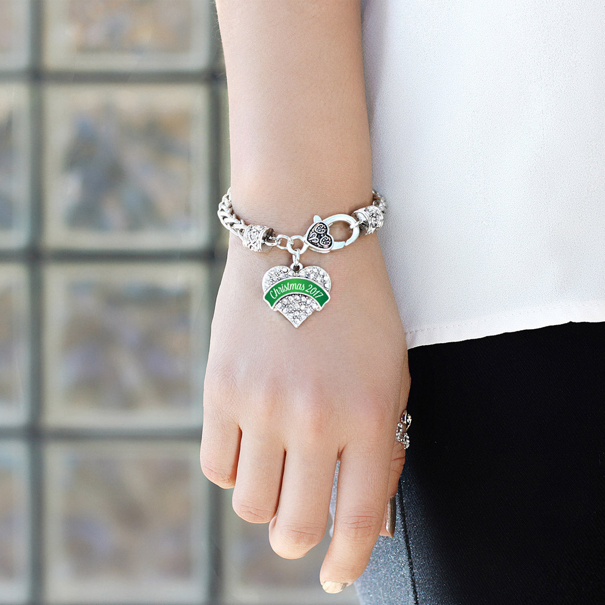 Silver Green Christmas 2017 Pave Heart Charm Braided Bracelet