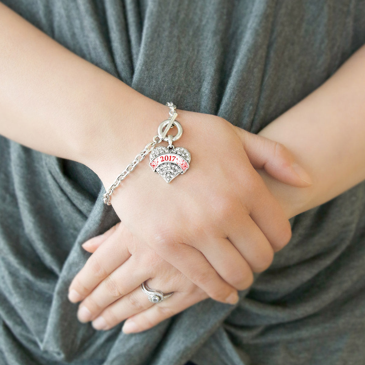 Silver Red and White Christmas 2017 Pave Heart Charm Toggle Bracelet