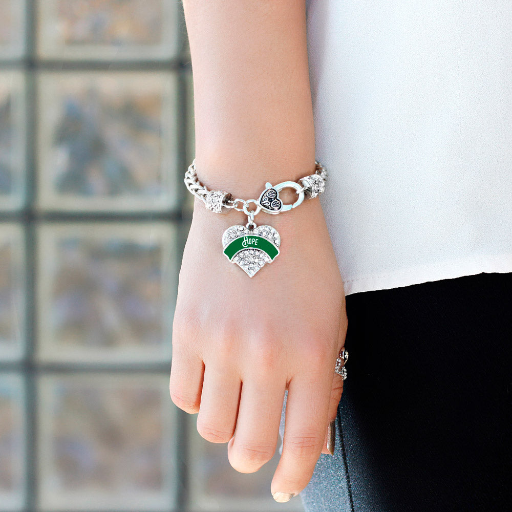 Silver Green Hope Pave Heart Charm Braided Bracelet