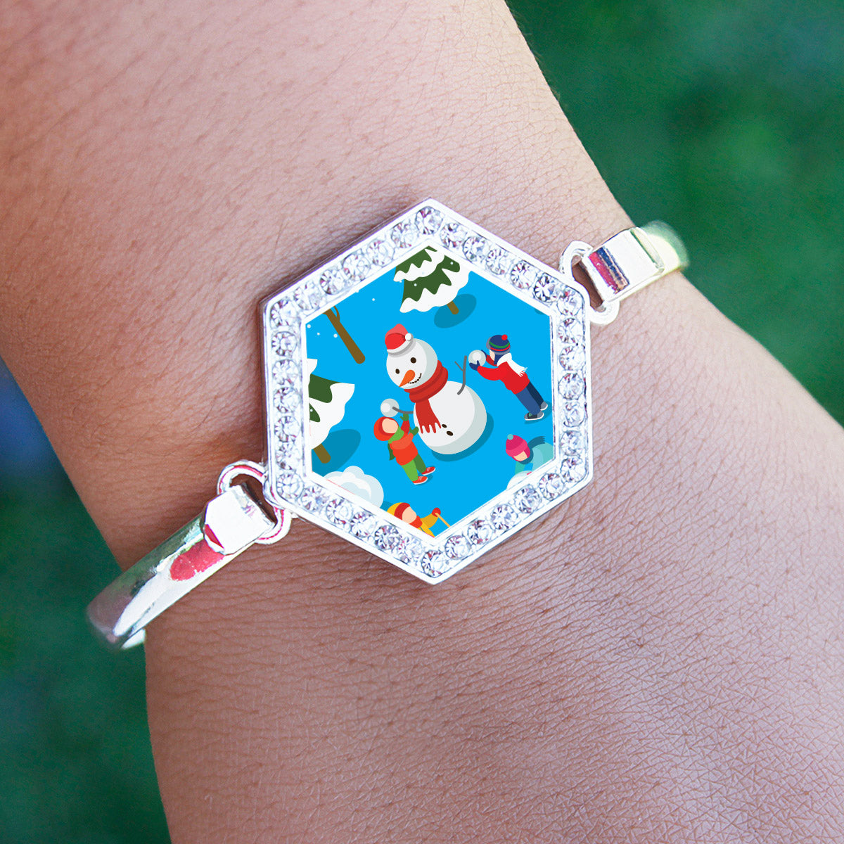 Silver Build A Snowman Hexagon Charm Bangle Bracelet