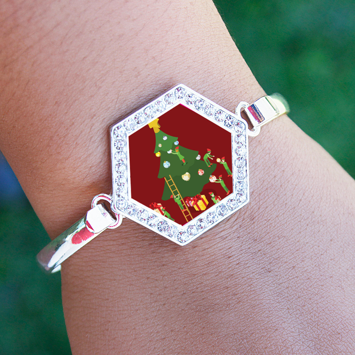 Silver Elves and the Christmas Tree Hexagon Charm Bangle Bracelet