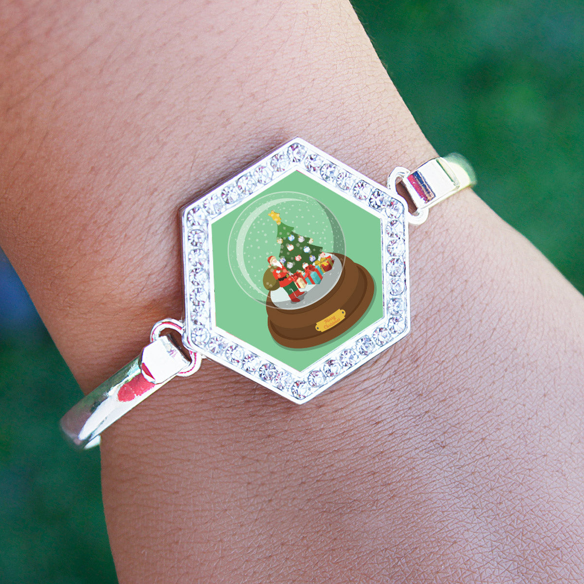 Silver Santa - Snowglobe Hexagon Charm Bangle Bracelet