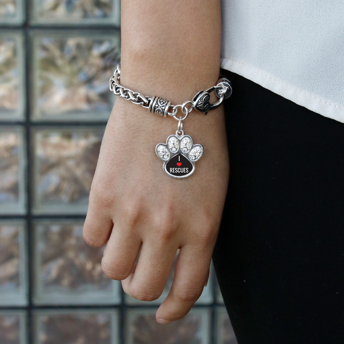 Silver I Heart Rescues Pave Paw Charm Braided Bracelet