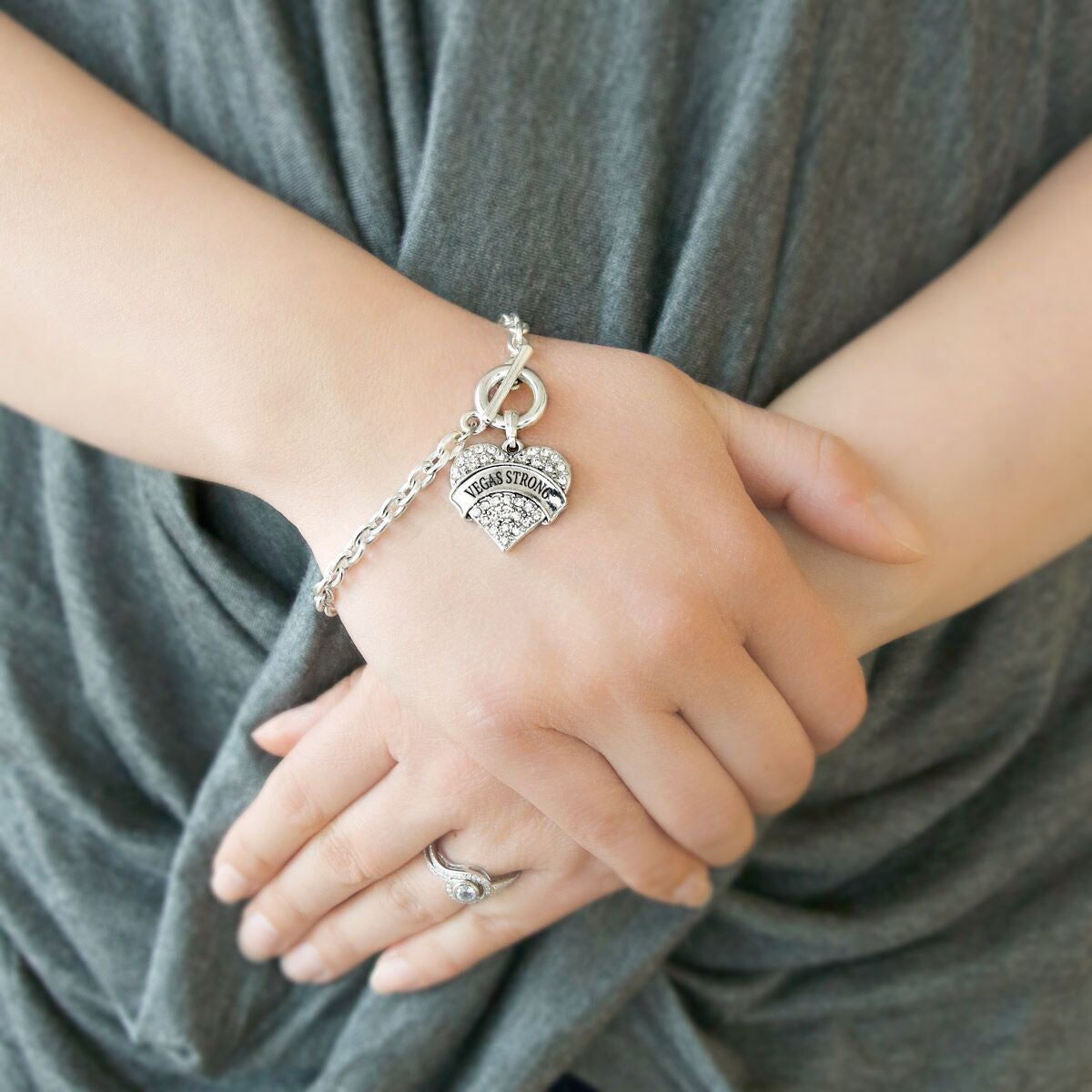 Silver Vegas Strong Pave Heart Charm Toggle Bracelet