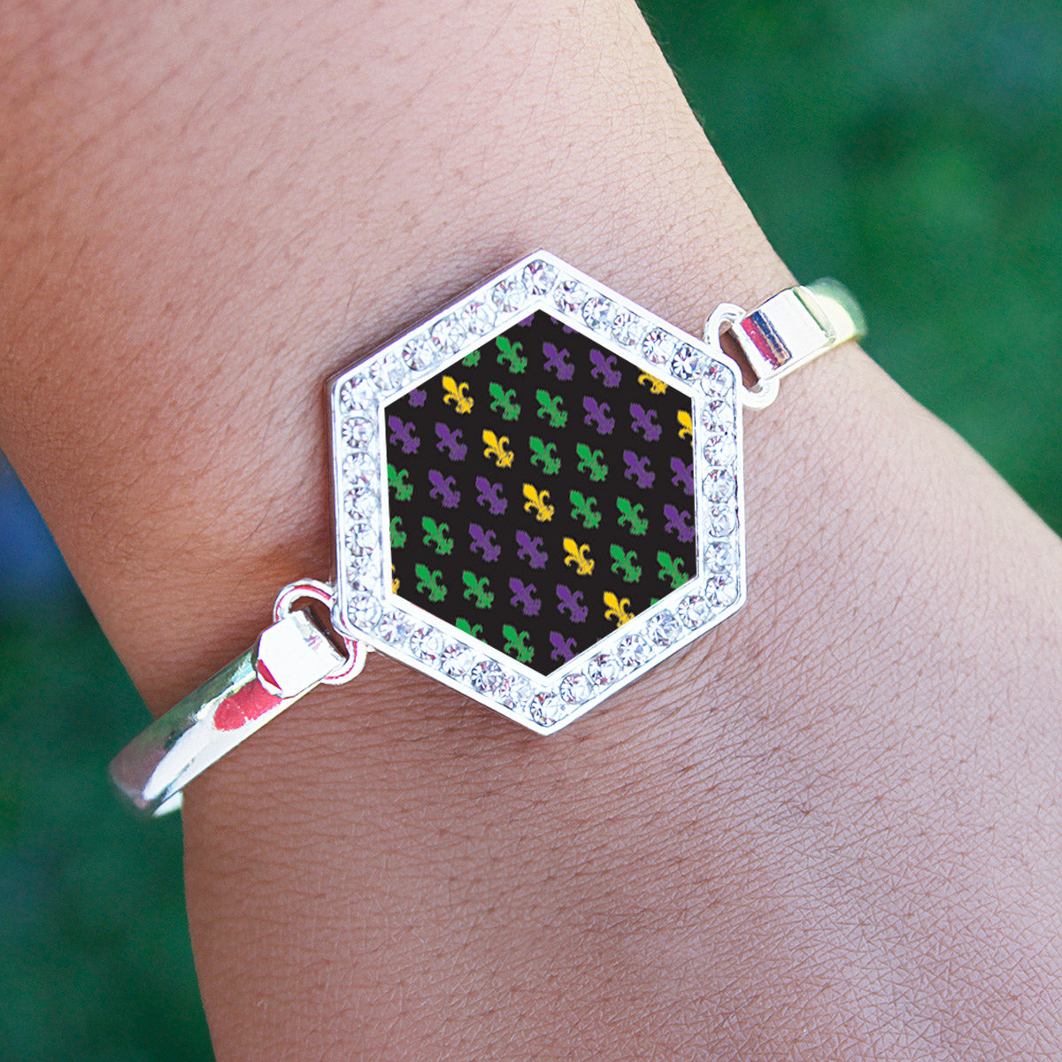 Silver Mardi Gras Pattern Hexagon Charm Bangle Bracelet