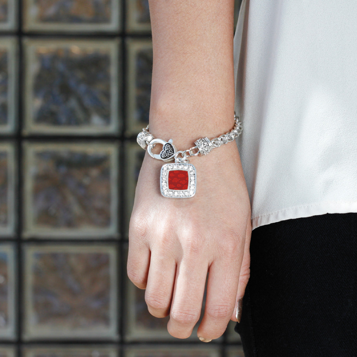Silver Red Chinese New Year Cloud Pattern Square Charm Braided Bracelet