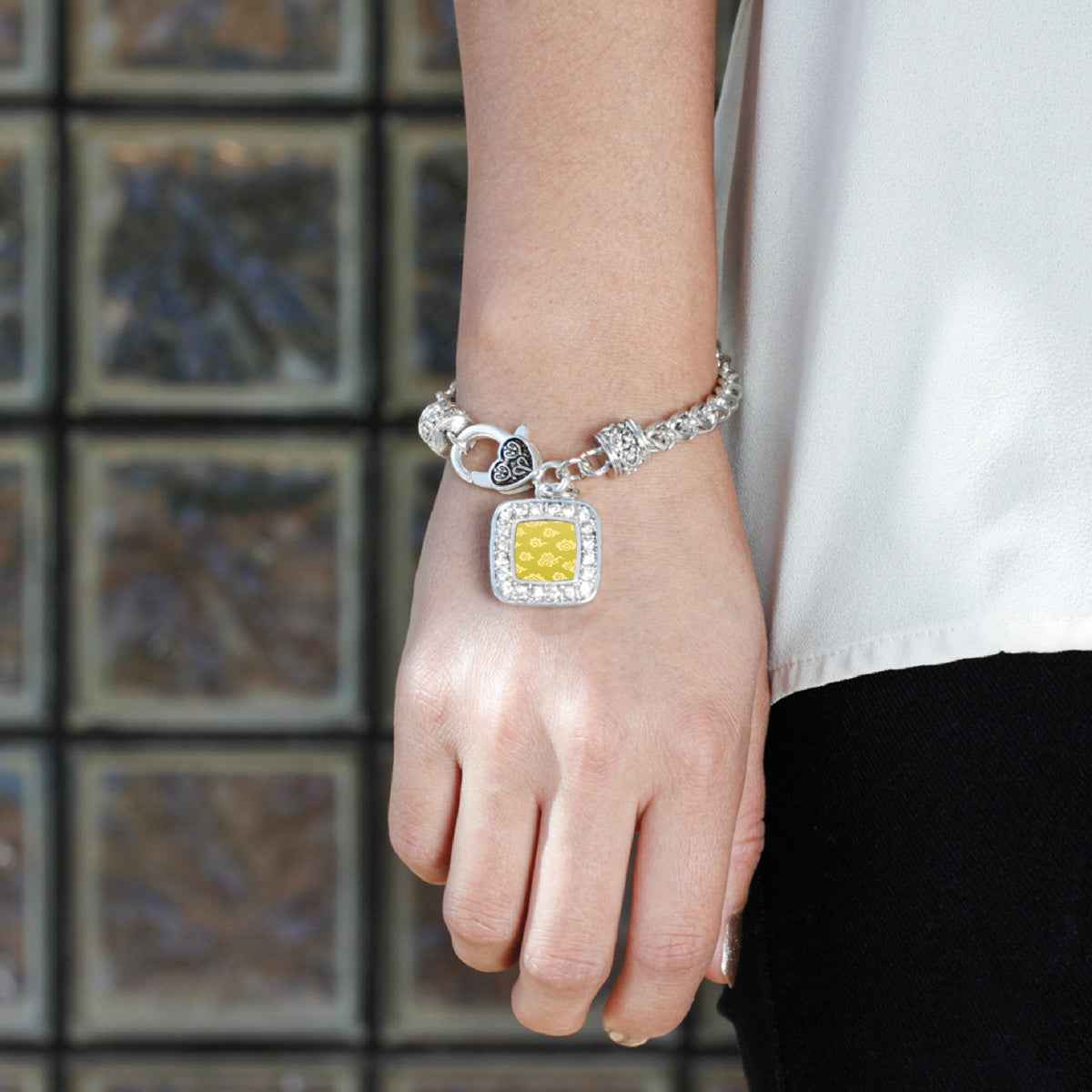 Silver Yellow Chinese New Year Cloud Pattern Square Charm Braided Bracelet