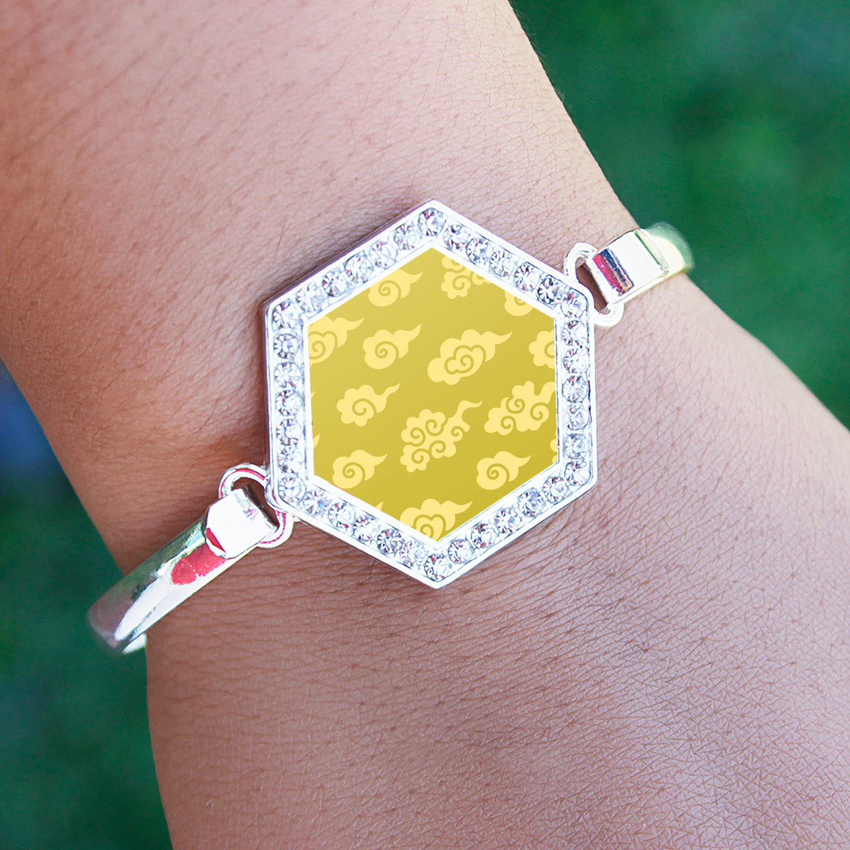 Silver Yellow Chinese New Year Cloud Pattern Hexagon Charm Bangle Bracelet