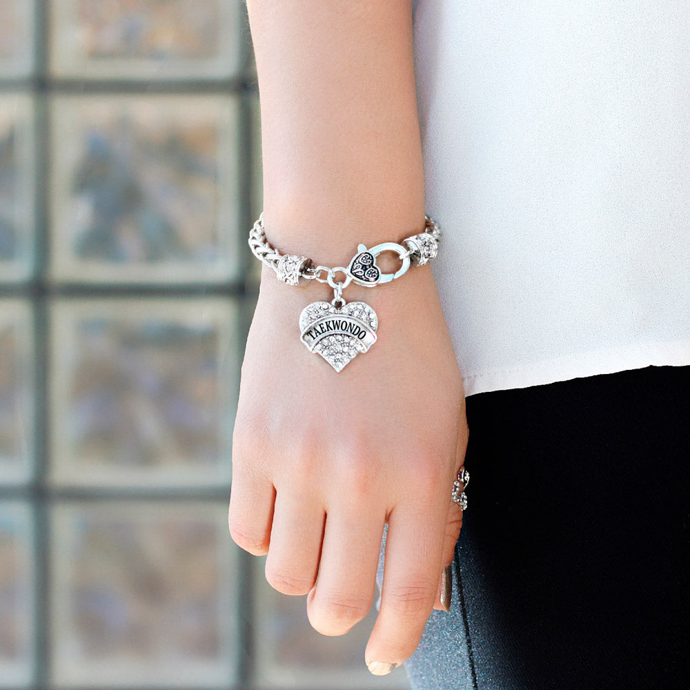 Silver Taekwondo Pave Heart Charm Braided Bracelet