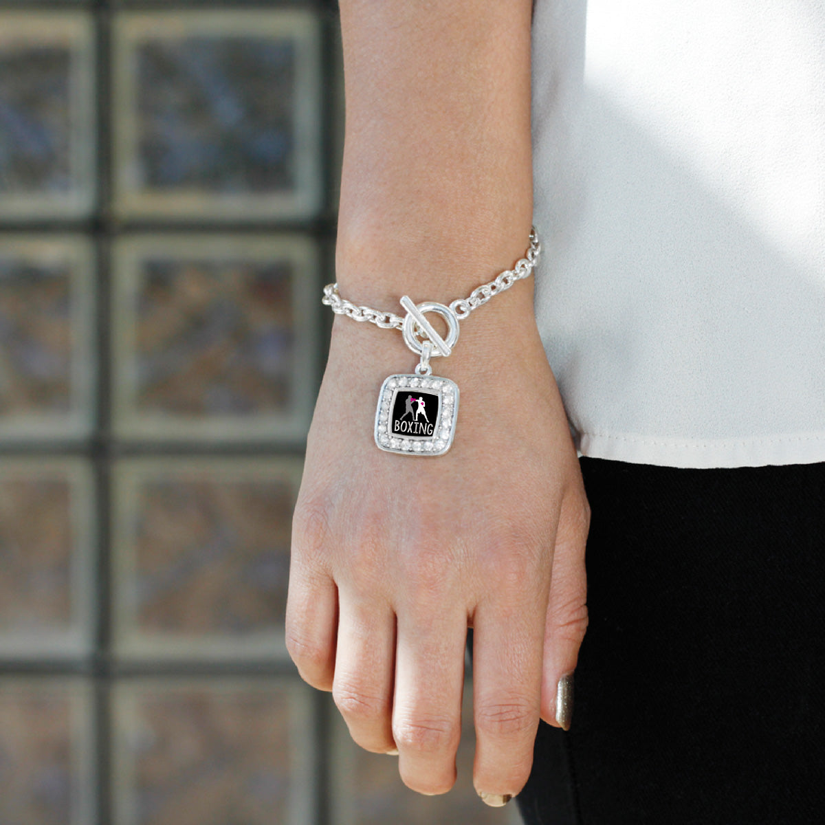 Silver Boxing Square Charm Toggle Bracelet