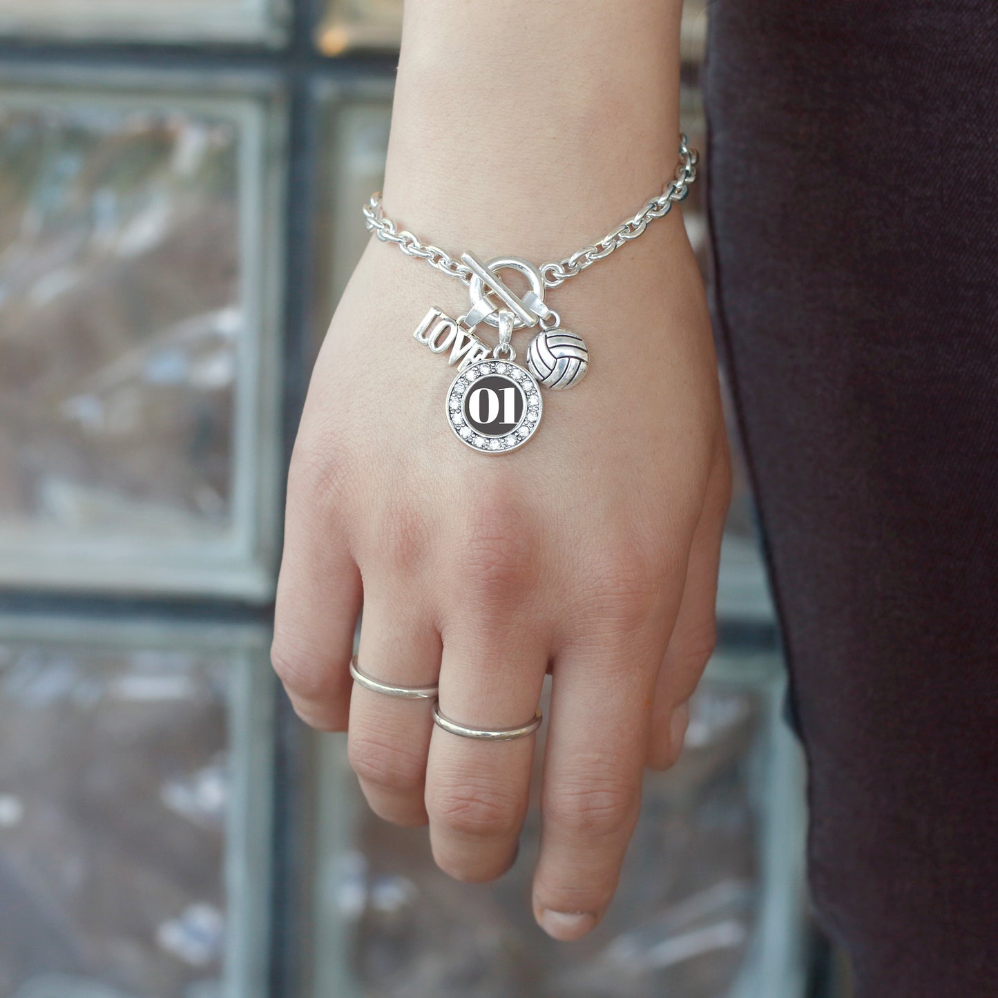 Silver Volleyball - Sports Number 01 Circle Charm Toggle Bracelet