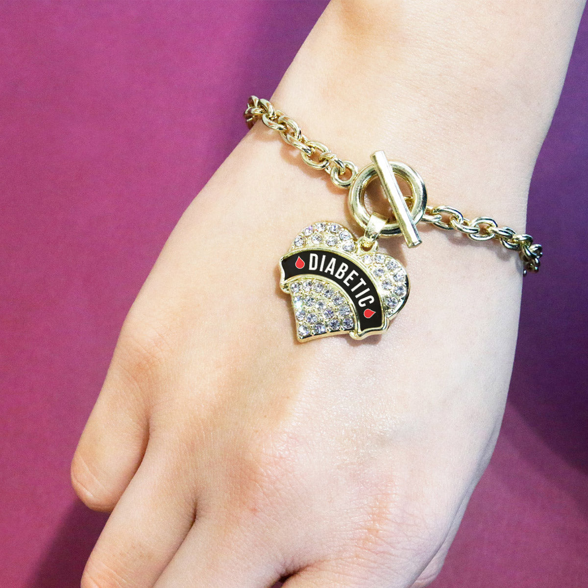 Gold Diabetic Medical Alert Pave Heart Charm Toggle Bracelet