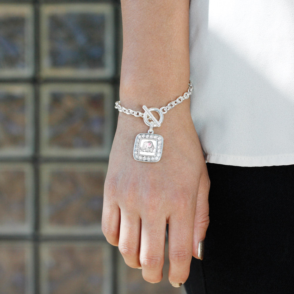 Silver Baby Elephant Square Charm Toggle Bracelet