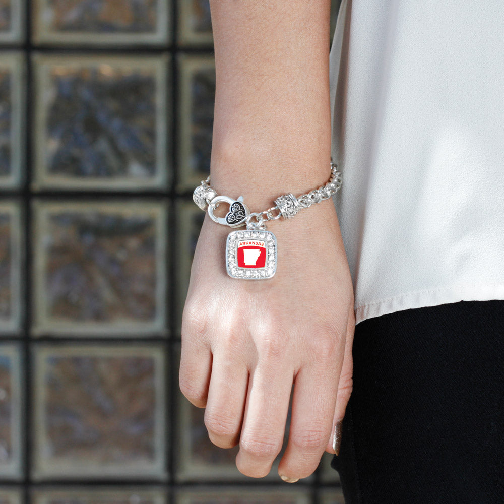 Silver Arkansas Outline Square Charm Braided Bracelet
