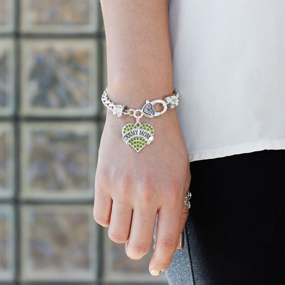 Silver Army Mom Green Pave Heart Charm Braided Bracelet