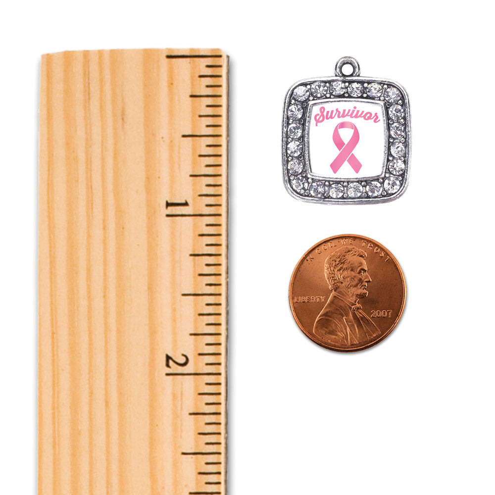 Silver Pink Ribbon Survivor Square Memory Charm