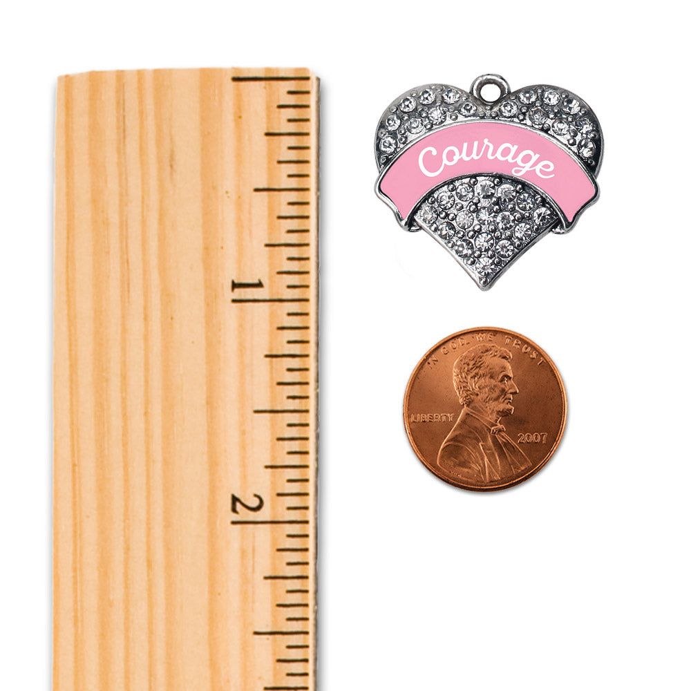 Silver Pink Script Courage Breast Cancer Support Pave Heart Memory Charm