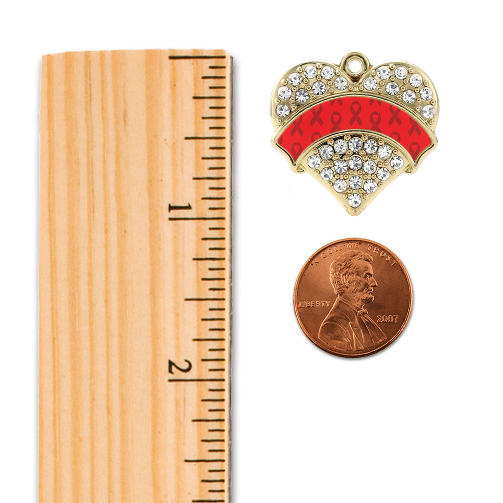 Gold Red Ribbon Support Pave Heart Memory Charm