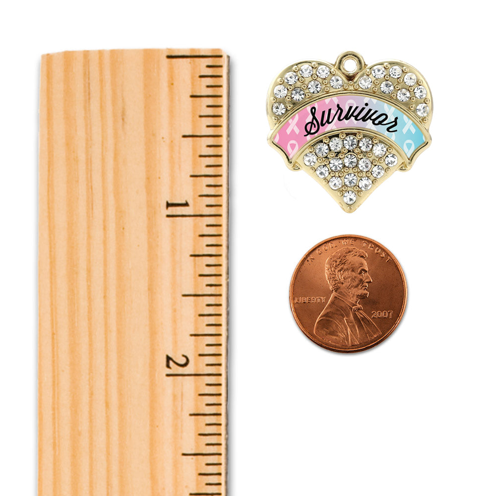 Gold Light Blue & Light Pink Ribbon Survivor Pave Heart Memory Charm