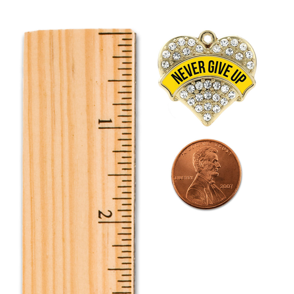 Gold Yellow Banner Never Give up Pave Heart Memory Charm