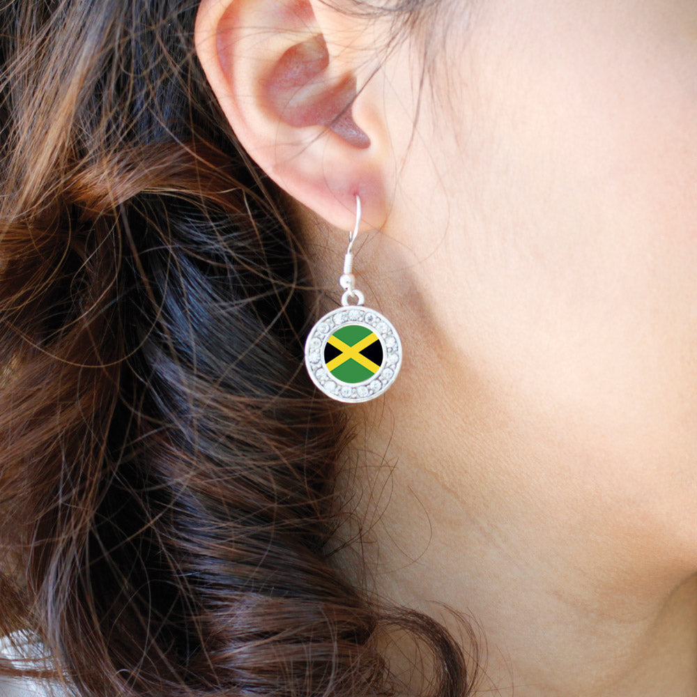 Silver Jamaican Flag Circle Charm Dangle Earrings