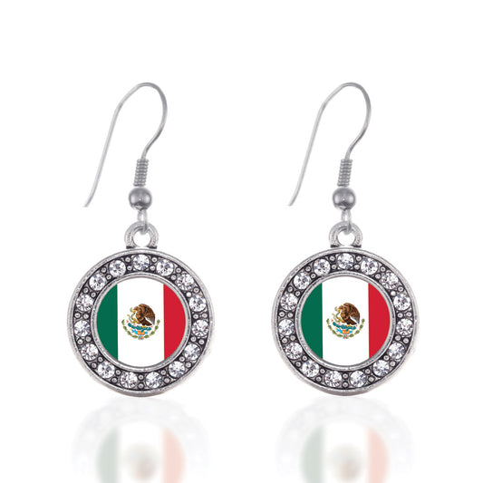 Silver Mexican Flag Circle Charm Dangle Earrings