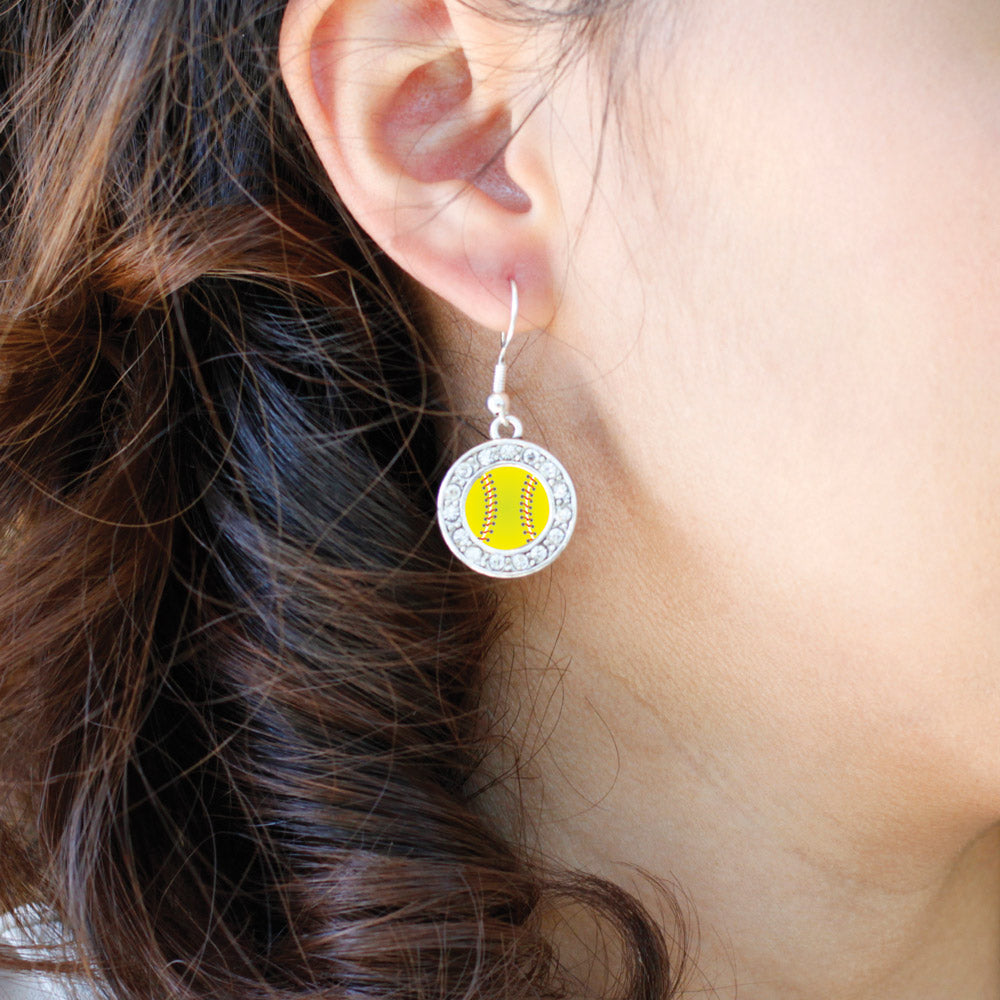 Silver Softball Circle Charm Dangle Earrings