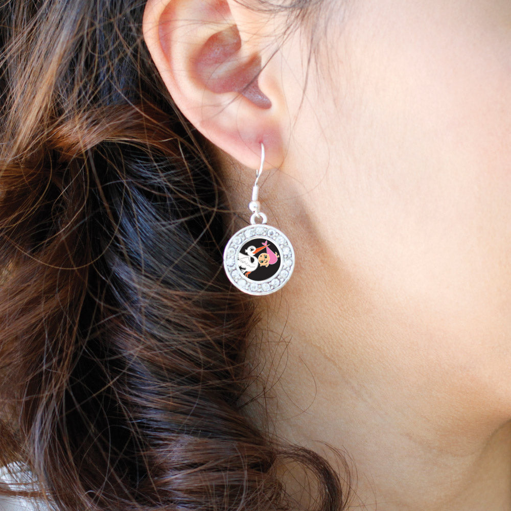 Silver Stork Brings A Girl Circle Charm Dangle Earrings