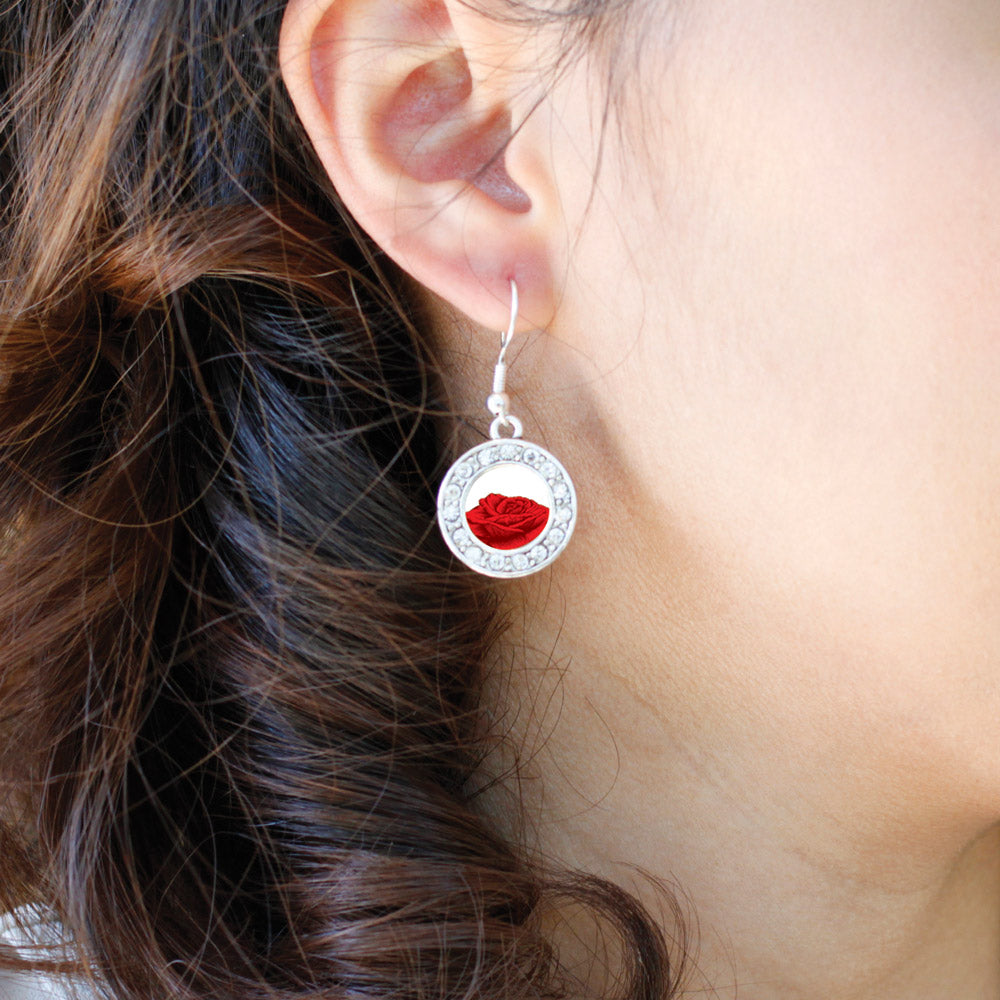 Silver Red Rose Circle Charm Dangle Earrings