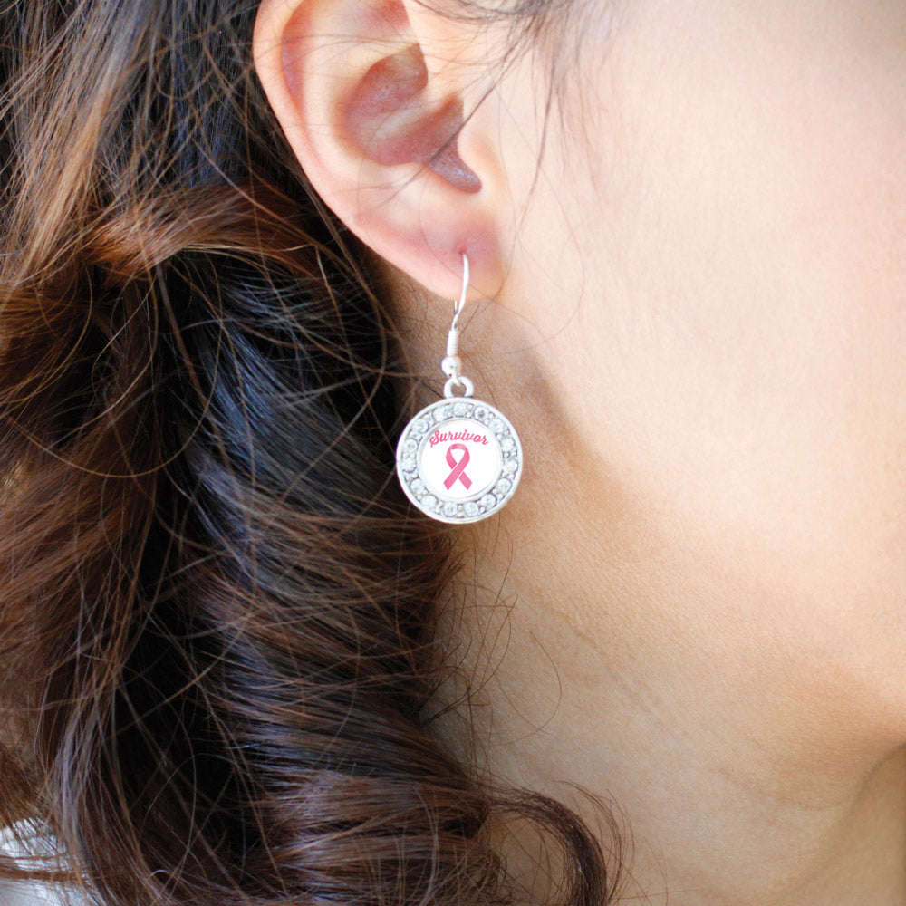 Silver Pink Ribbon Survivor Circle Charm Dangle Earrings