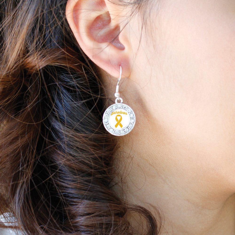 Silver Yellow Ribbon Survivor Circle Charm Dangle Earrings