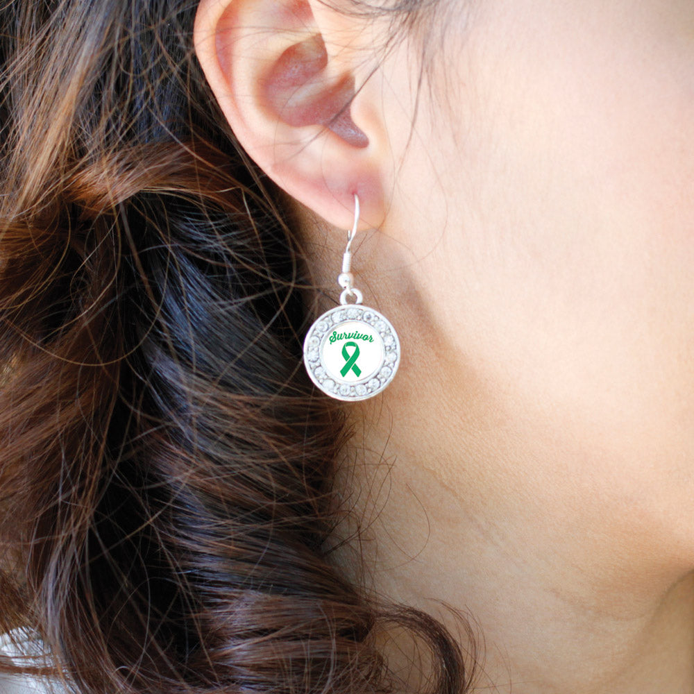 Silver Green Ribbon Survivor Circle Charm Dangle Earrings