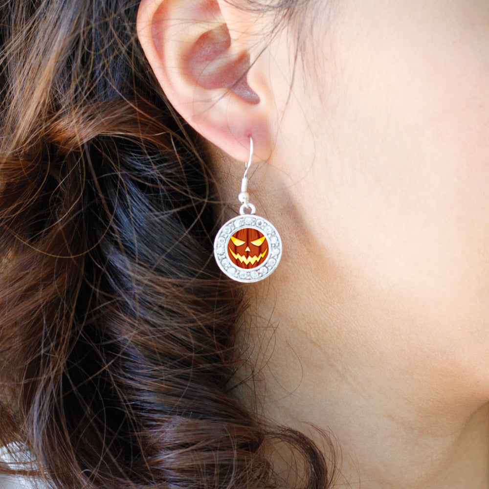 Silver Grinning Pumpkin Circle Charm Dangle Earrings