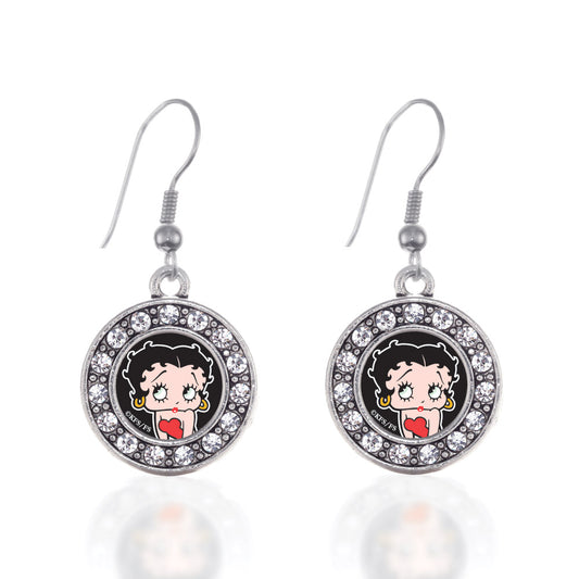 Silver Betty Boop Circle Charm Dangle Earrings