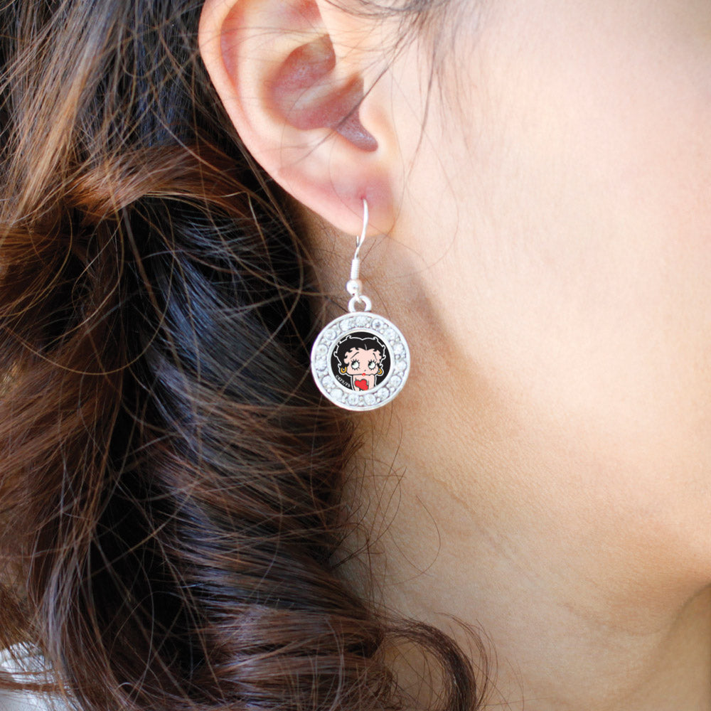 Silver Betty Boop Circle Charm Dangle Earrings