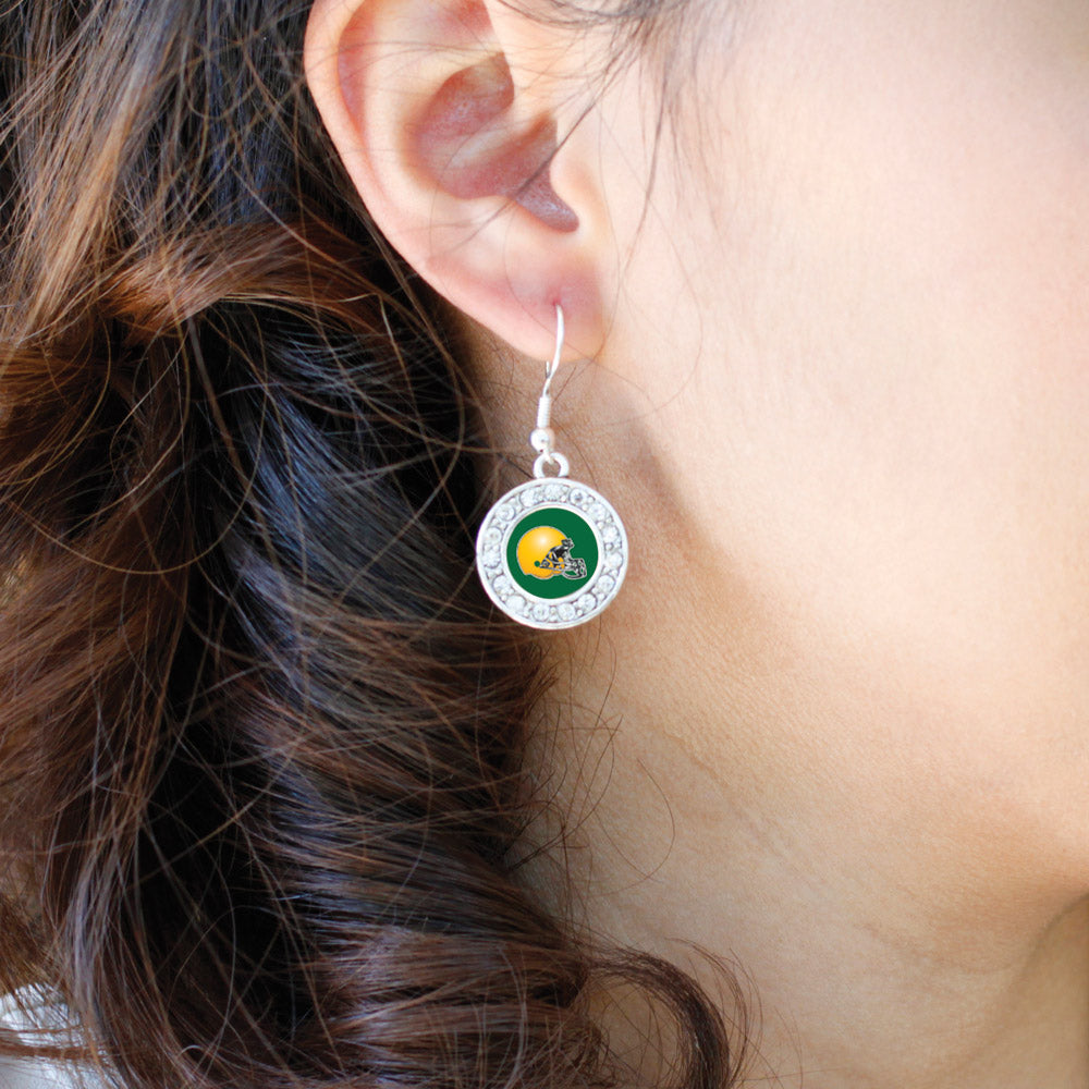 Silver Green and Yellow Team Helmet Circle Charm Dangle Earrings