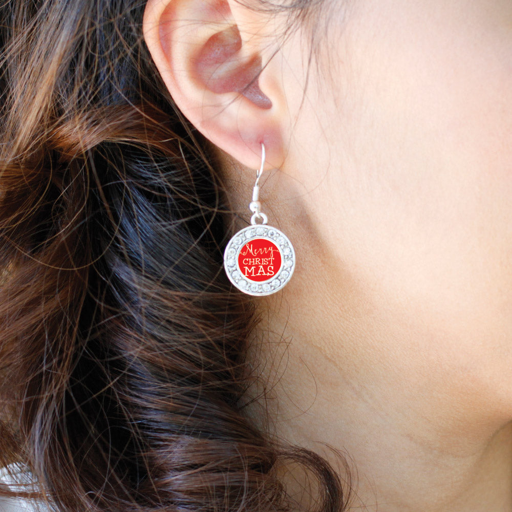 Silver Merry Christmas Circle Charm Dangle Earrings