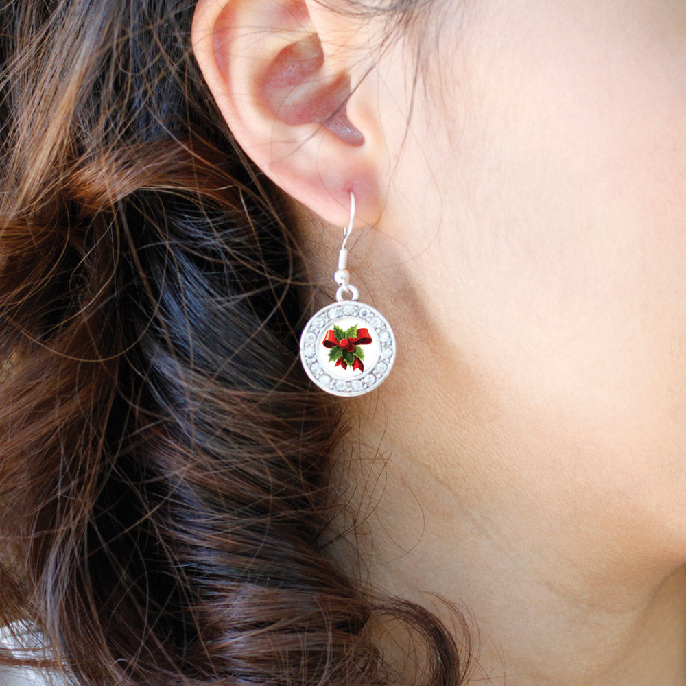Silver Holly Plant Circle Charm Dangle Earrings