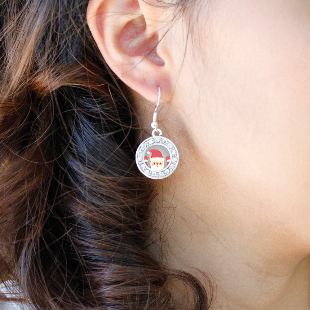 Silver Jolly Santa Circle Charm Dangle Earrings