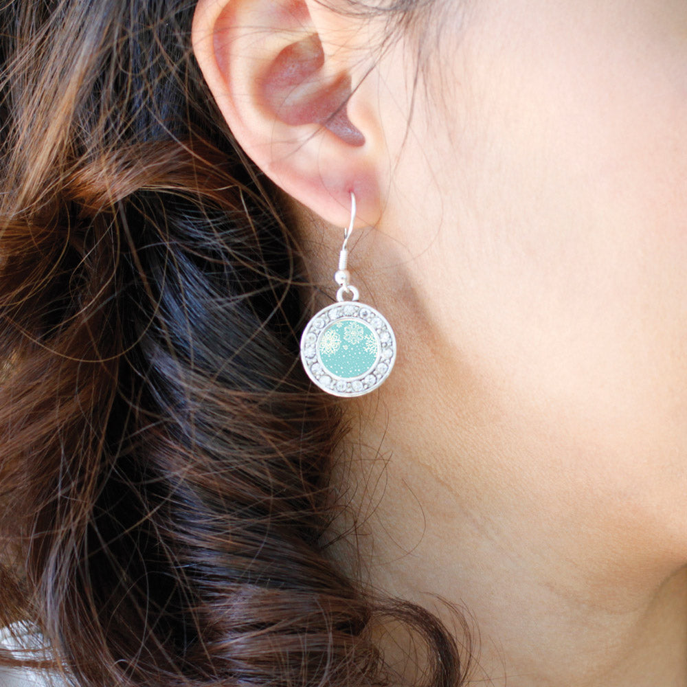 Silver Falling Snowflakes Circle Charm Dangle Earrings