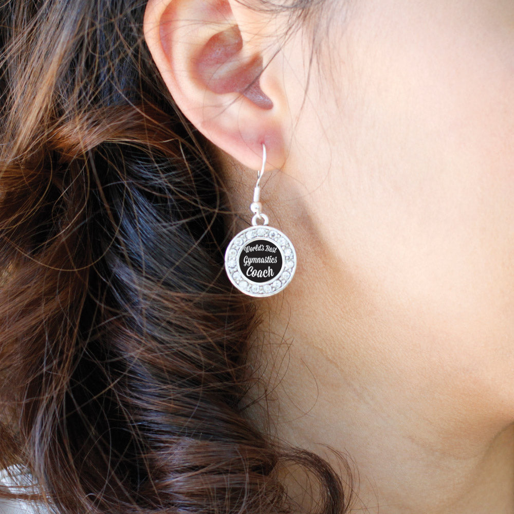 Silver World's Best Gymnastics Coach Circle Charm Dangle Earrings