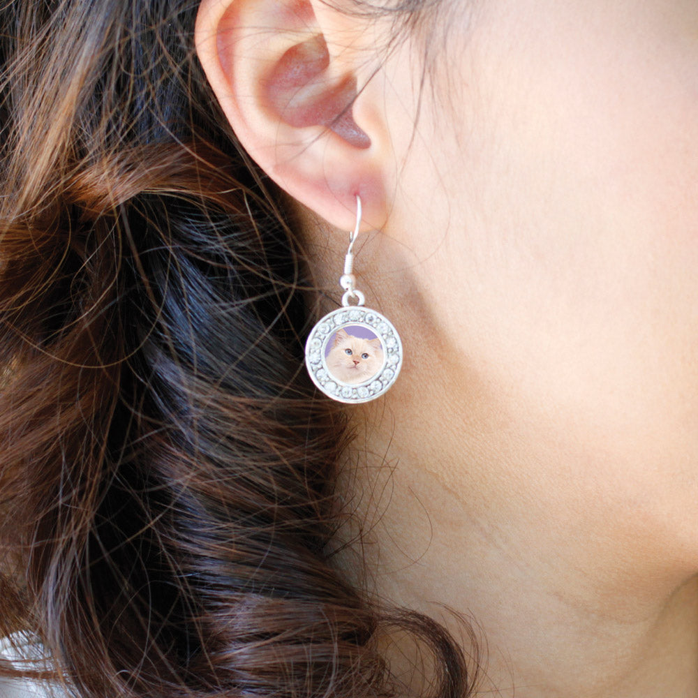 Silver Ragdoll Cat Circle Charm Dangle Earrings