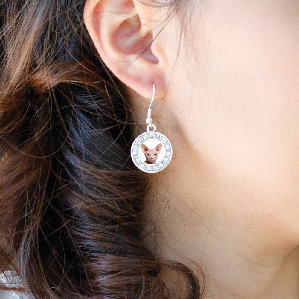 Silver Sphinx Cat Circle Charm Dangle Earrings