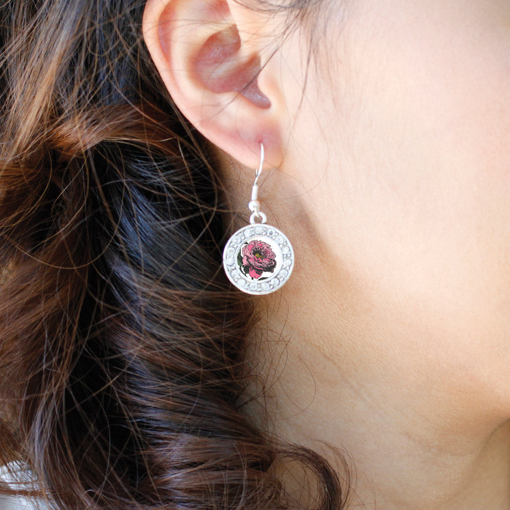 Silver Peony Flower Circle Charm Dangle Earrings