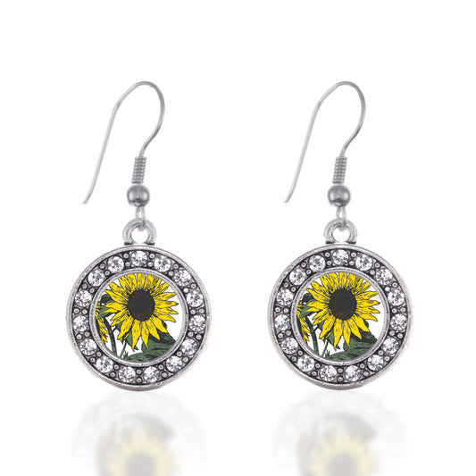 Silver Sunflower Circle Charm Dangle Earrings