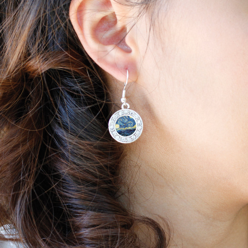Silver Starry Night Circle Charm Dangle Earrings