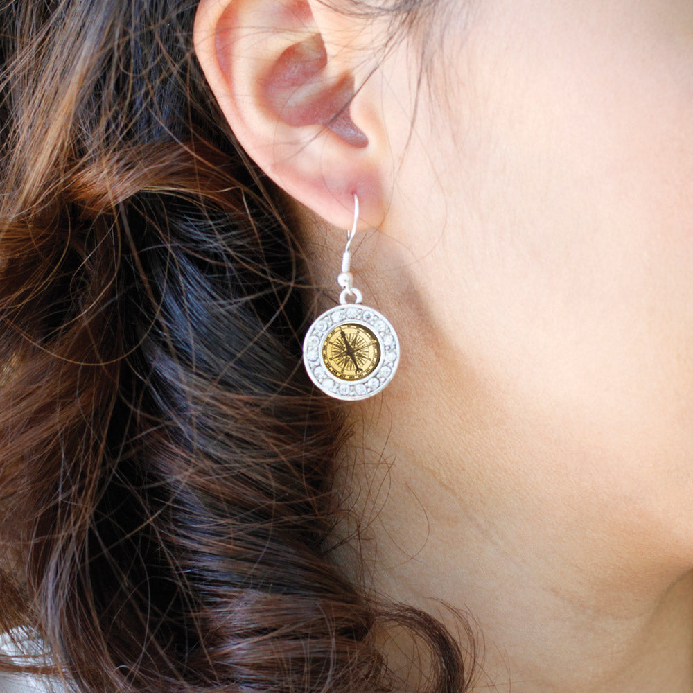 Silver Compass Circle Charm Dangle Earrings