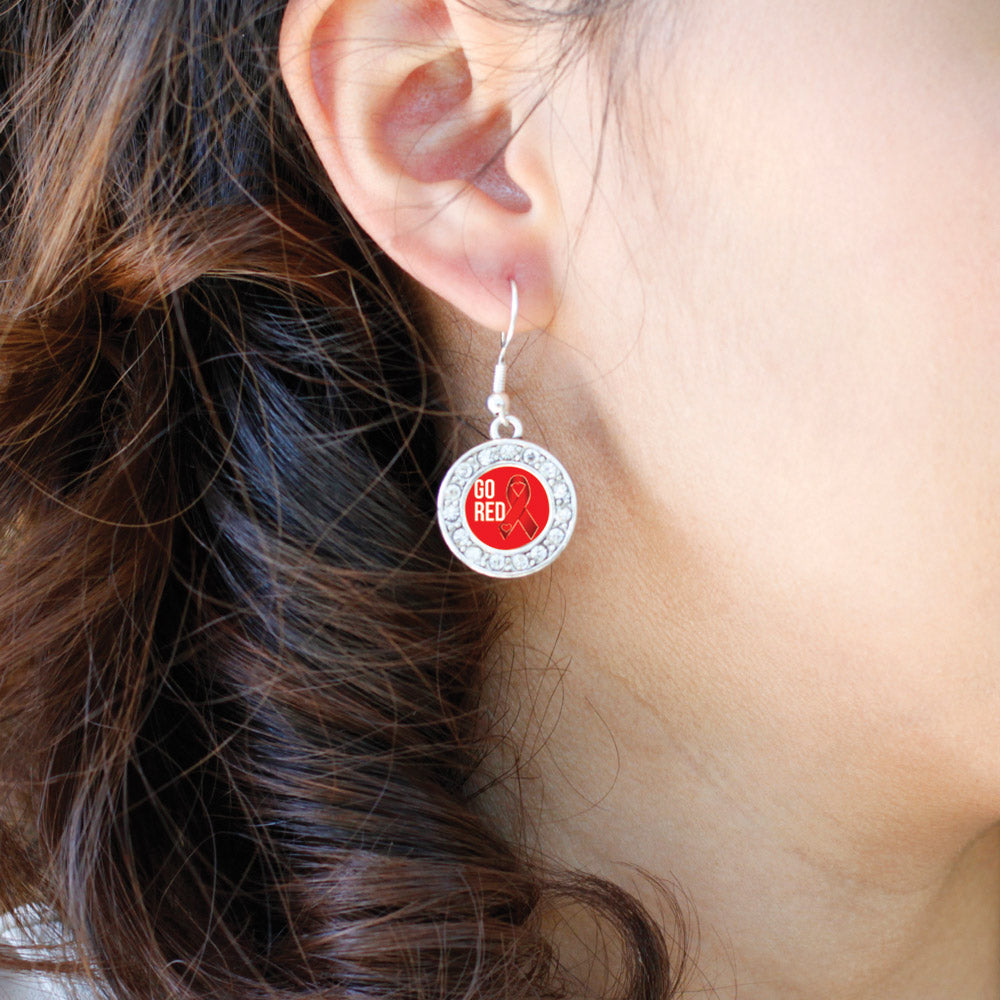 Silver Go Red Heart Disease Awareness Circle Charm Dangle Earrings