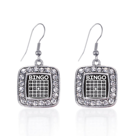 Silver Bingo Square Charm Dangle Earrings