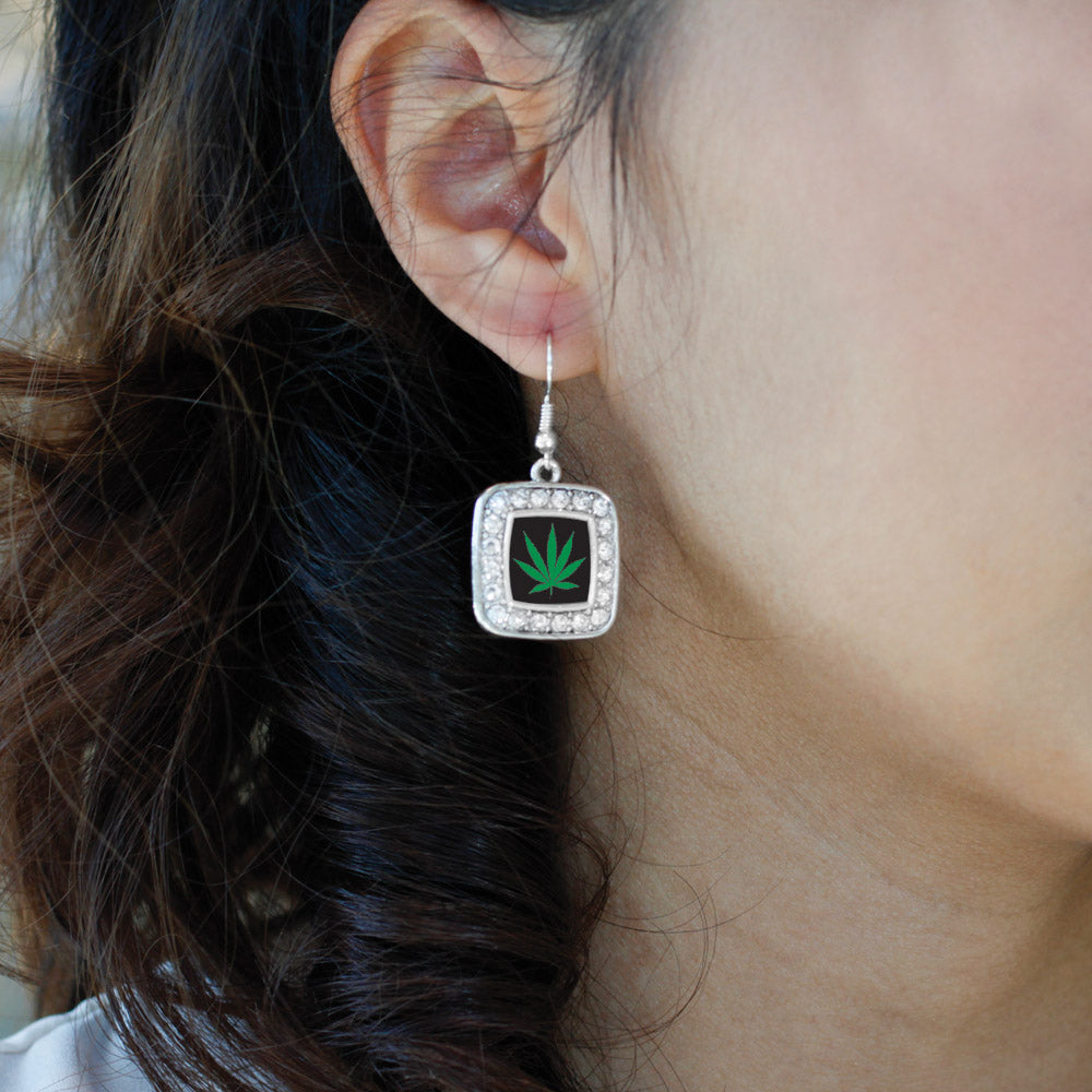 Silver Marijuana Leaf Square Charm Dangle Earrings